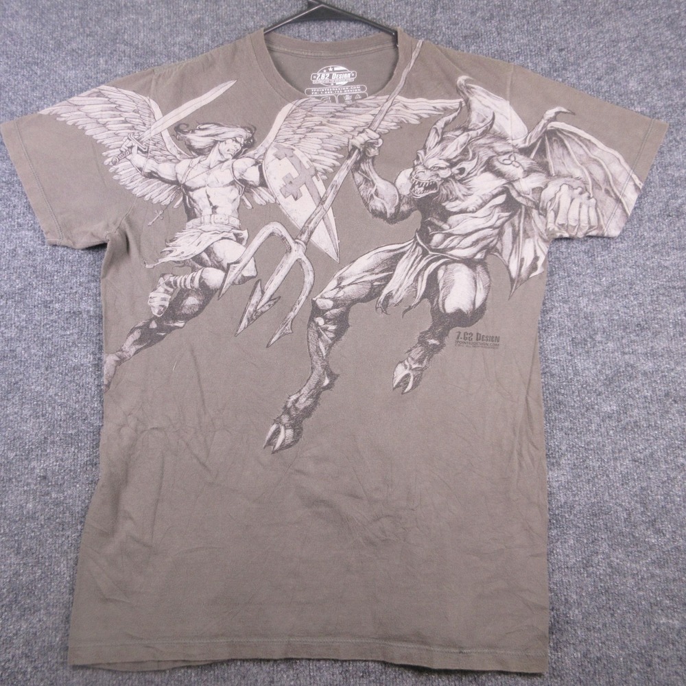Y2K 7.62 Design Shirt Mens Large Beige Angel Demon Religious Graphic T Shirt Tee